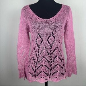 Vintage Maggie’s Closet Pink Sheer Open Knit VNeck Sweater Sz Medium Cottage 90s